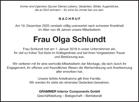 Traueranzeige von Olga Schlundt von Fränkische Nachrichten