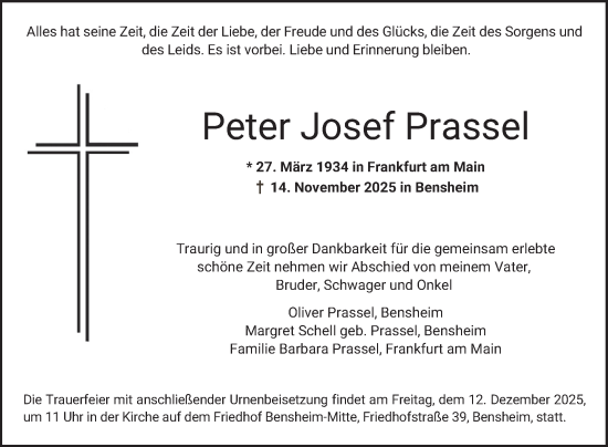 Traueranzeige von Peter Josef Prassel von Bergsträßer Anzeiger