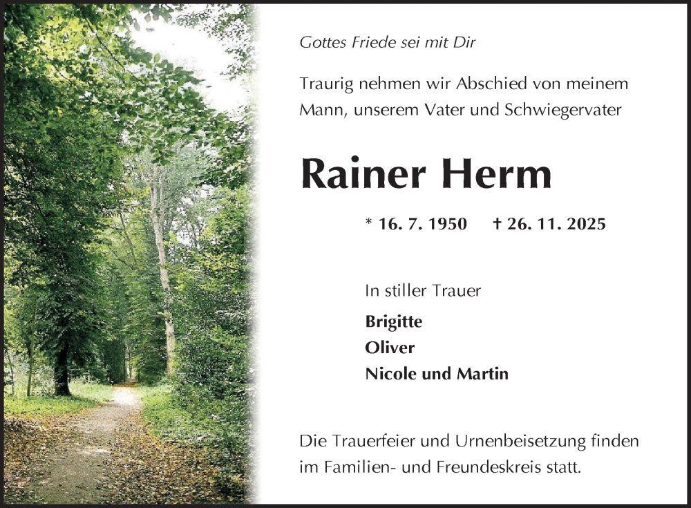  Traueranzeige für Rainer Herm vom 06.12.2025 aus Fränkische Nachrichten