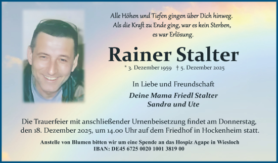 Traueranzeige von Rainer Stalter von Schwetzinger Zeitung