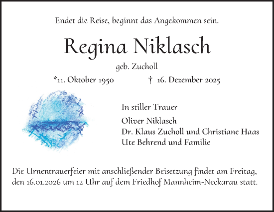 Traueranzeige von Regina Niklasch von Mannheimer Morgen