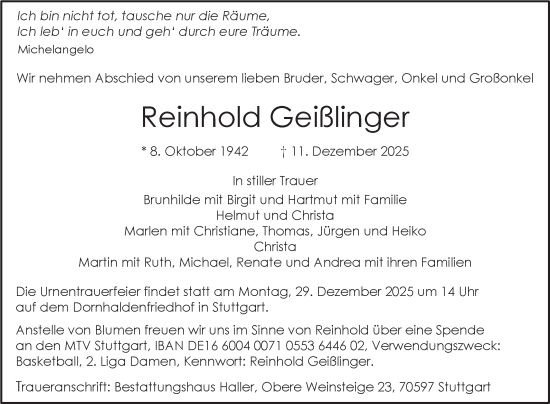 Traueranzeige von Reinhold Geißlinger von Fränkische Nachrichten