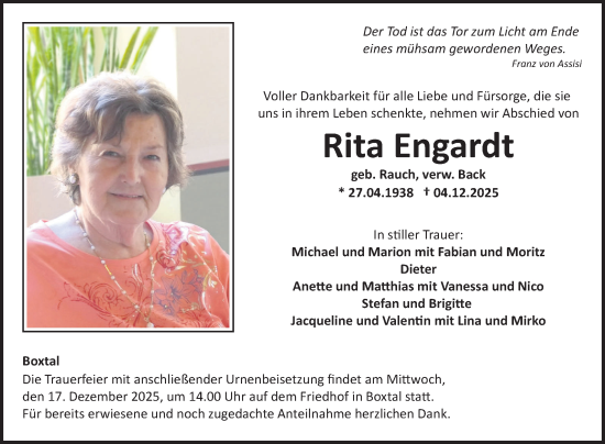 Traueranzeige von Rita Engardt von Fränkische Nachrichten