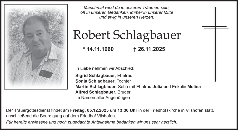  Traueranzeige für Robert Schlagbauer vom 02.12.2025 aus Fränkische Nachrichten