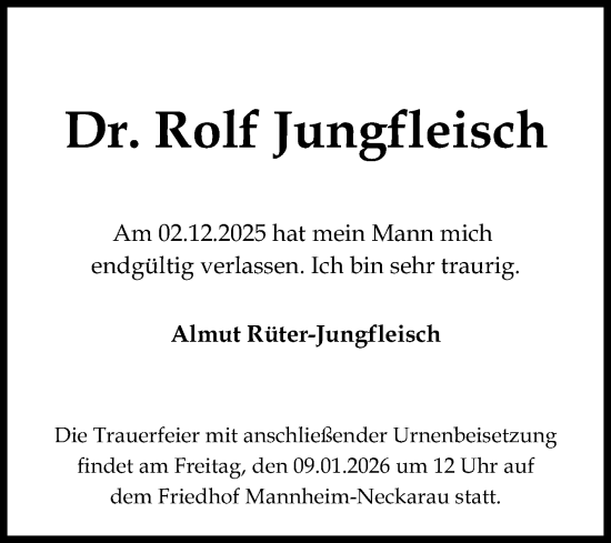 Traueranzeige von Rolf Jungfleisch von Mannheimer Morgen