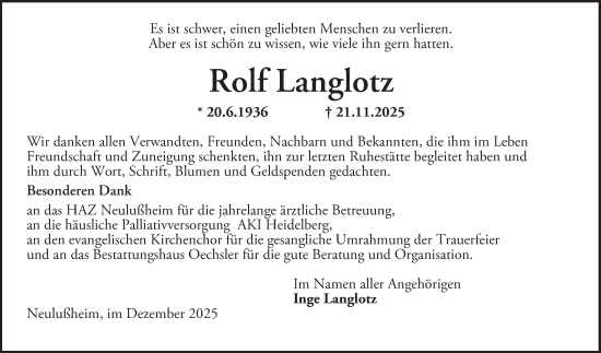 Traueranzeige von Rolf Langlotz von Schwetzinger Zeitung