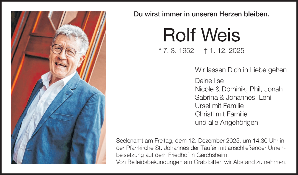  Traueranzeige für Rolf Weis vom 06.12.2025 aus Fränkische Nachrichten