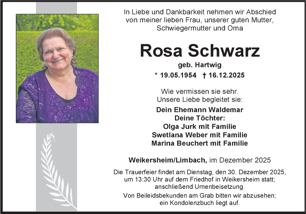  Traueranzeige für Rosa Schwarz vom 27.12.2025 aus Fränkische Nachrichten