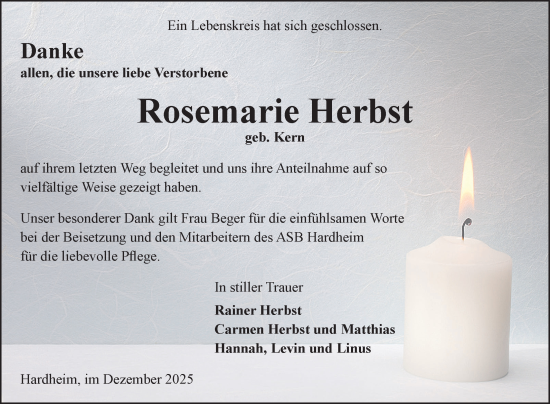 Traueranzeige von Rosemarie Herbst von Fränkische Nachrichten