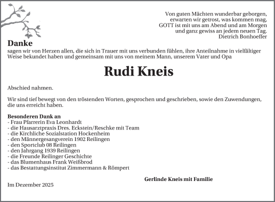 Traueranzeige von Rudi Kneis von Schwetzinger Zeitung
