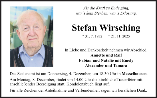 Traueranzeige von Stefan Wirsching von Fränkische Nachrichten