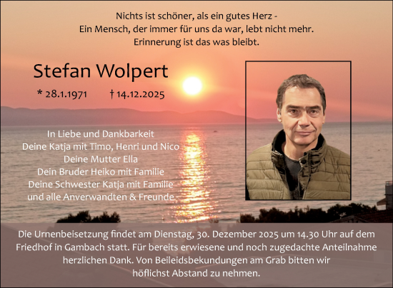 Traueranzeige von Stefan Wolpert von Fränkische Nachrichten