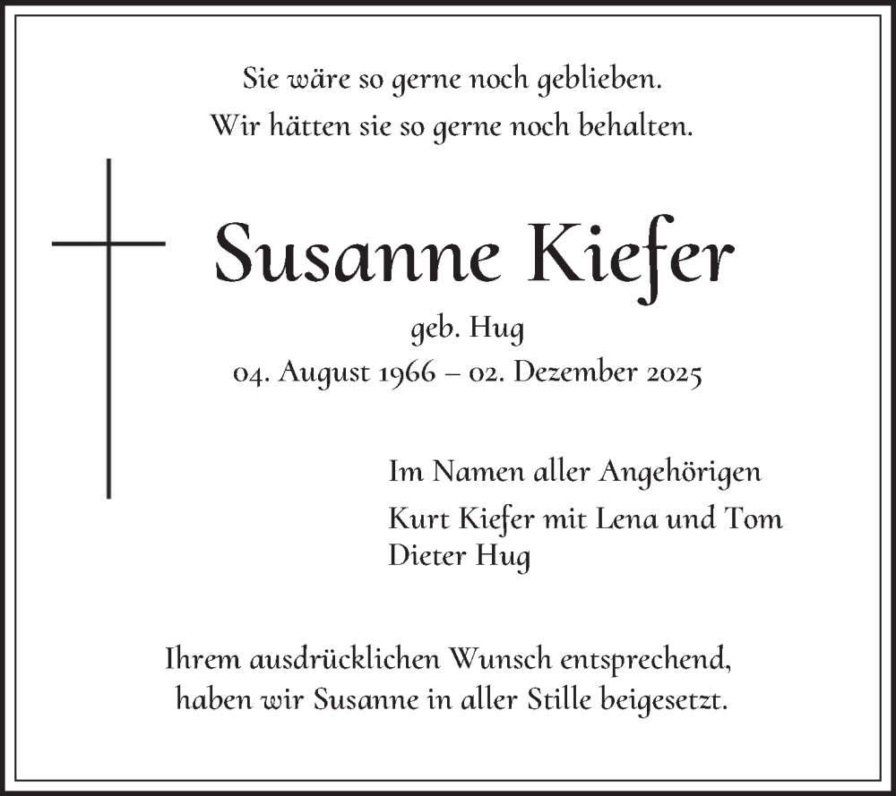 Traueranzeige für Susanne Kiefer vom 20.12.2025 aus Schwetzinger Zeitung