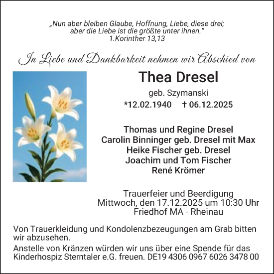 Traueranzeige von Thea Dresel von Mannheimer Morgen