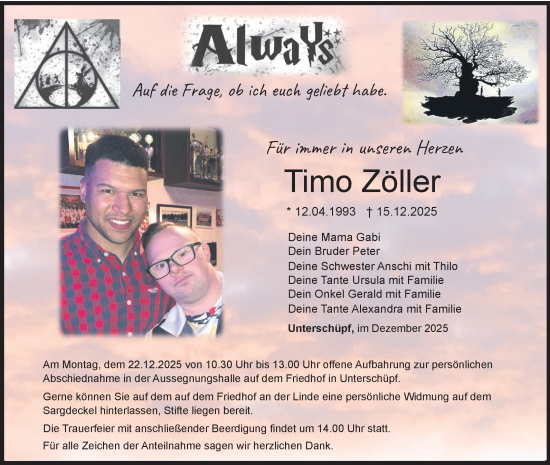 Traueranzeige von Timo Zöller von Fränkische Nachrichten