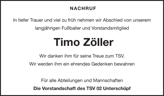 Traueranzeige von Timo Zöller von Fränkische Nachrichten