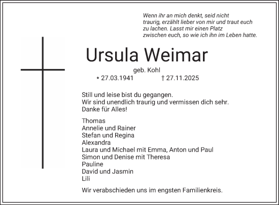 Traueranzeige von Ursula Weimar von Bergsträßer Anzeiger