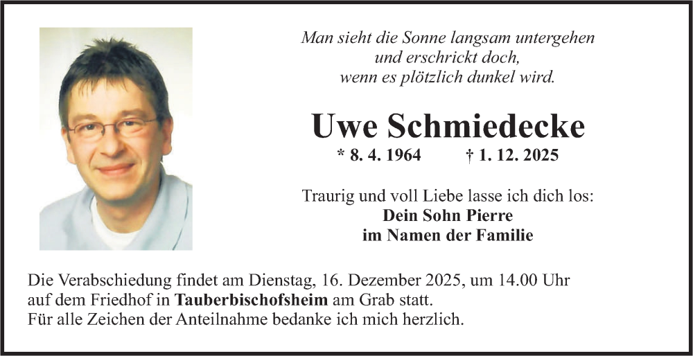  Traueranzeige für Uwe Schmiedecke vom 10.12.2025 aus Fränkische Nachrichten