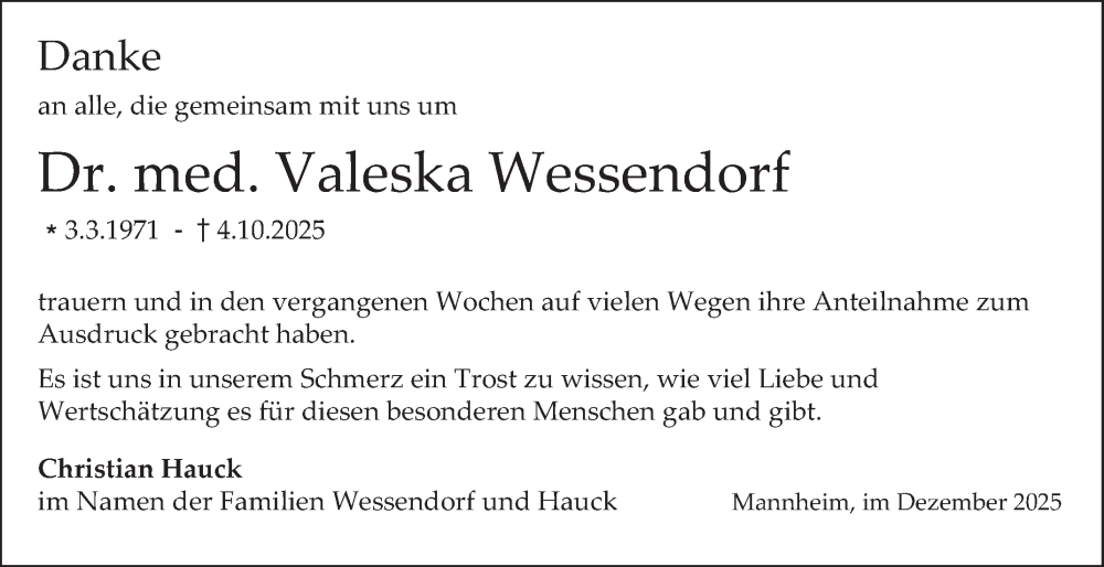  Traueranzeige für Valeska Wessendorf vom 06.12.2025 aus Mannheimer Morgen