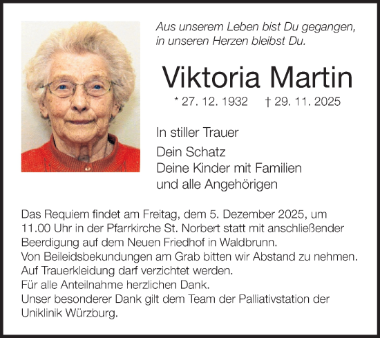 Traueranzeige von Viktoria Martin von Fränkische Nachrichten