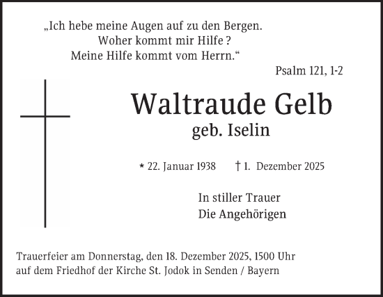 Traueranzeige von Waltraude Gelb von Mannheimer Morgen