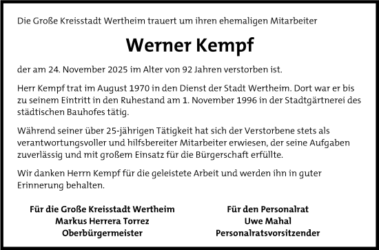 Traueranzeige von Werner Kempf von Fränkische Nachrichten