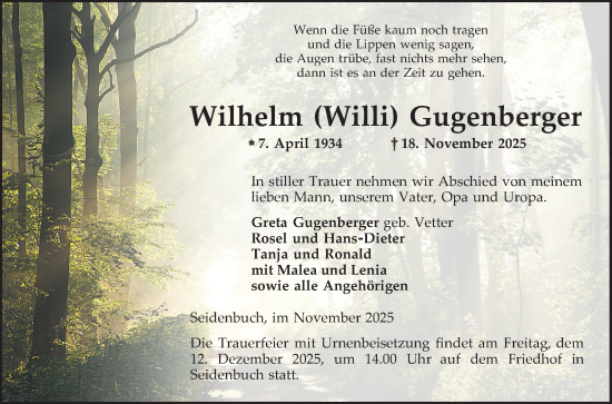 Traueranzeige von Wilhelm Gugenberger von Bergsträßer Anzeiger