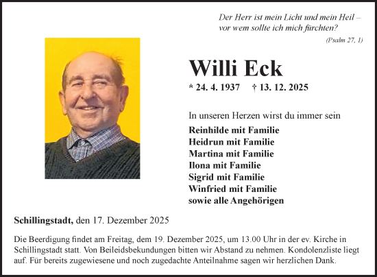 Traueranzeige von Willi Eck von Fränkische Nachrichten