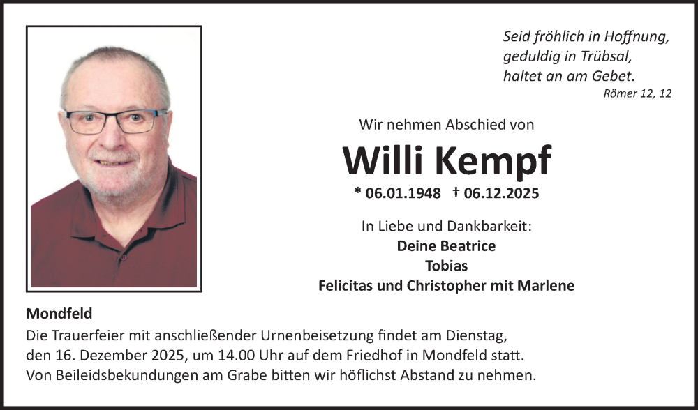  Traueranzeige für Willi Kempf vom 10.12.2025 aus Fränkische Nachrichten