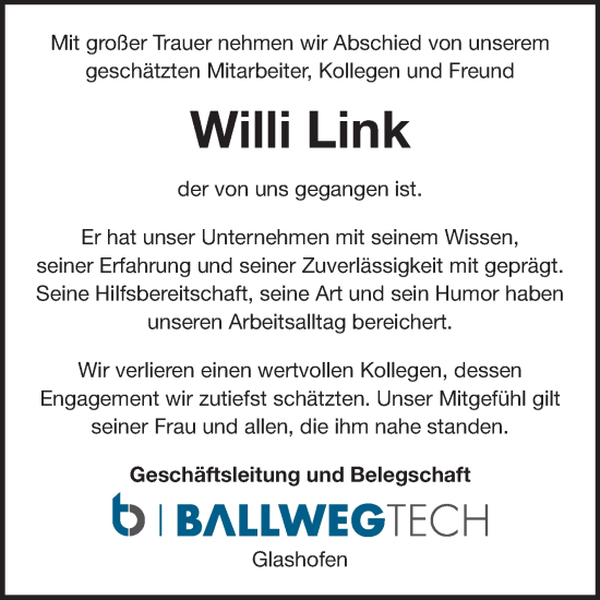 Traueranzeige von Willi Link von Fränkische Nachrichten