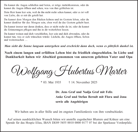 Traueranzeige von Wolfgang Hubertus Marter von Mannheimer Morgen