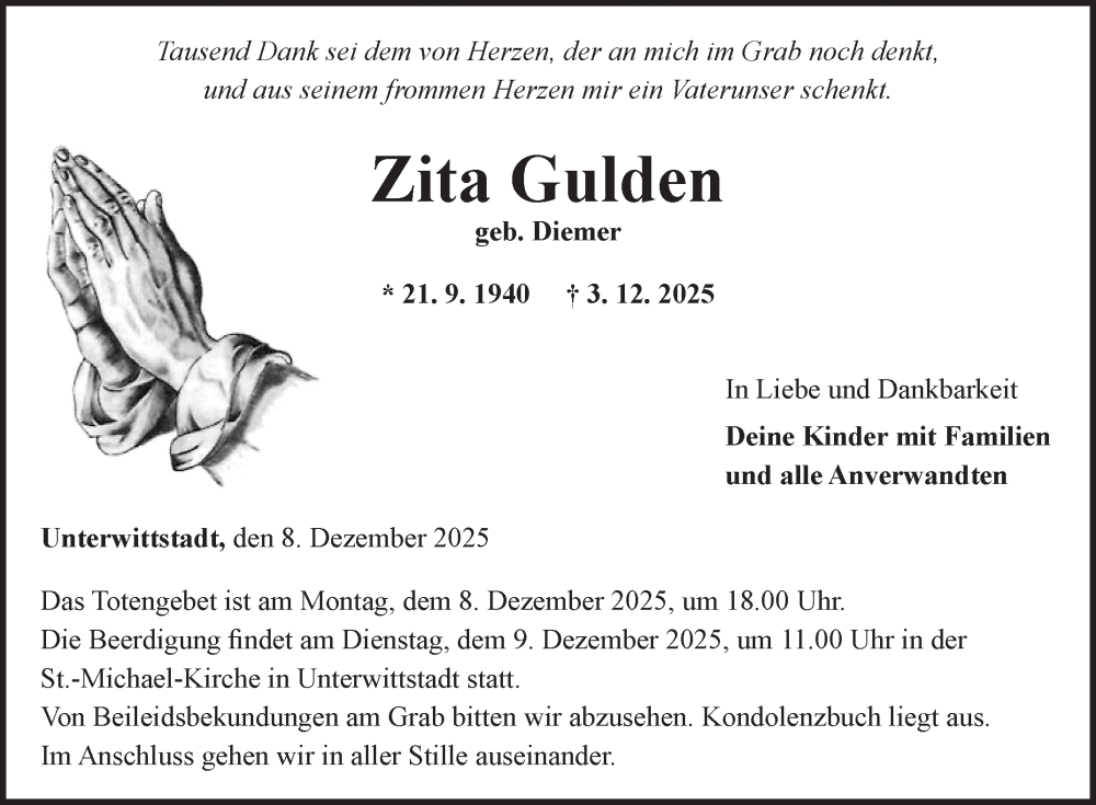  Traueranzeige für Zita Gulden vom 06.12.2025 aus Fränkische Nachrichten