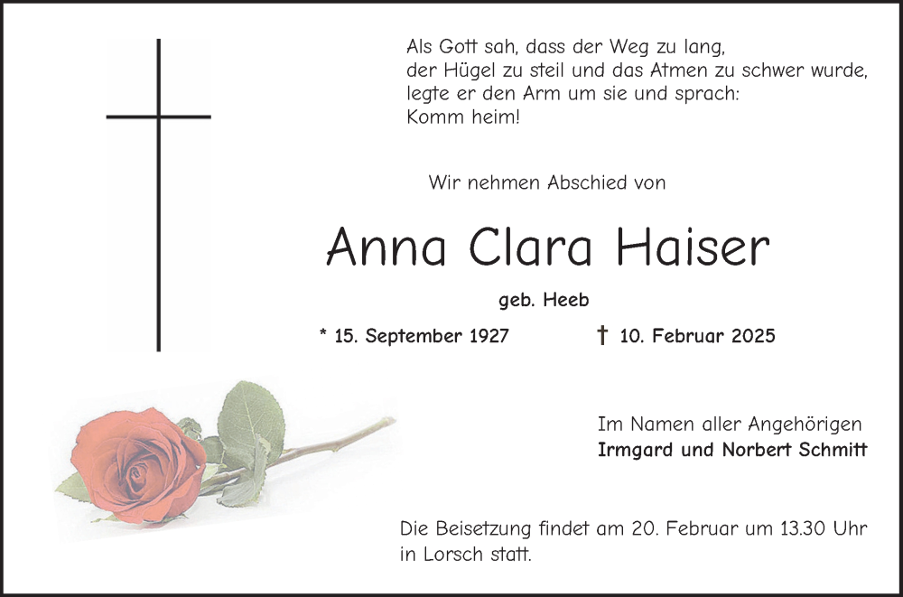  Traueranzeige für Anna Clara Haiser vom 15.02.2025 aus Bergsträßer Anzeiger