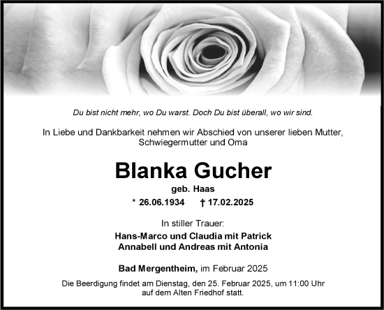 Traueranzeige von Blanka Gucher von Fränkische Nachrichten