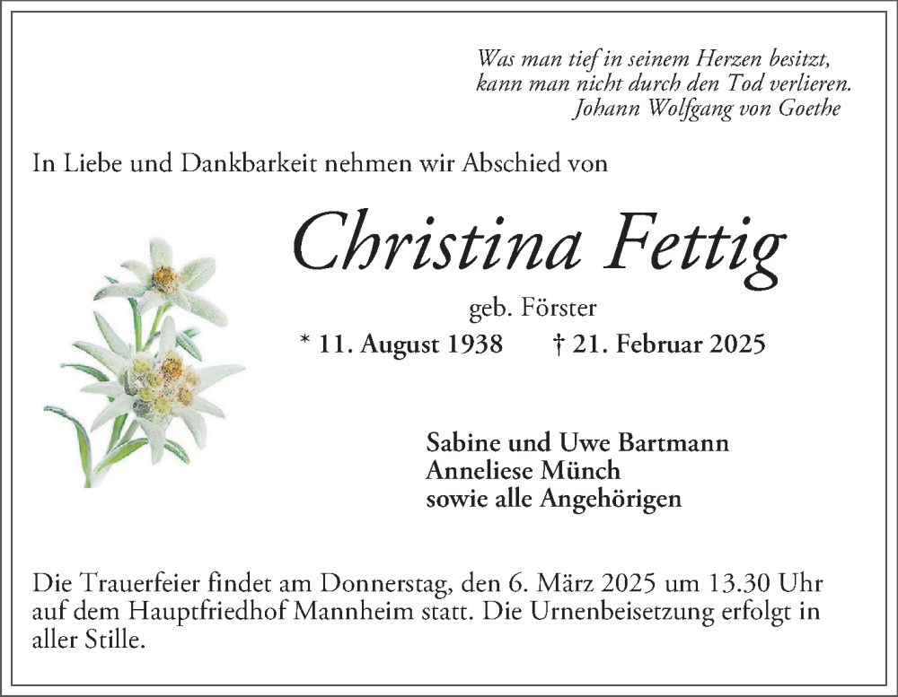  Traueranzeige für Christina Fettig vom 01.03.2025 aus Mannheimer Morgen