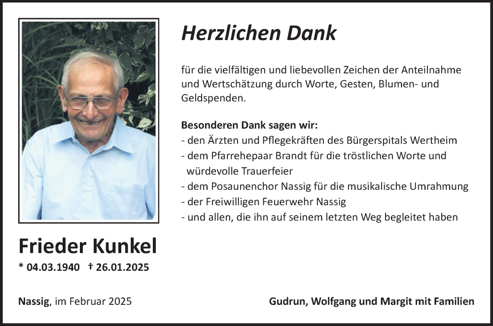  Traueranzeige für Frieder Kunkel vom 08.02.2025 aus Fränkische Nachrichten