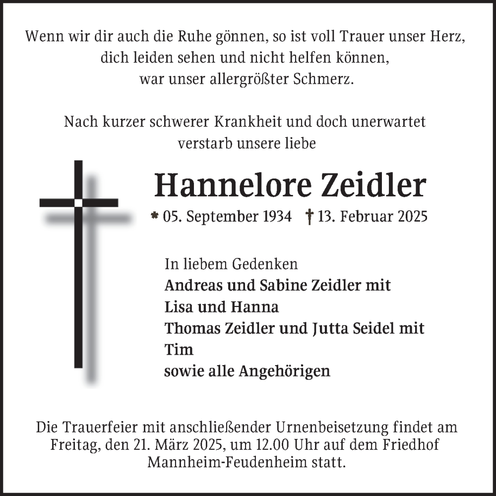  Traueranzeige für Hannelore Zeidler vom 01.03.2025 aus Mannheimer Morgen