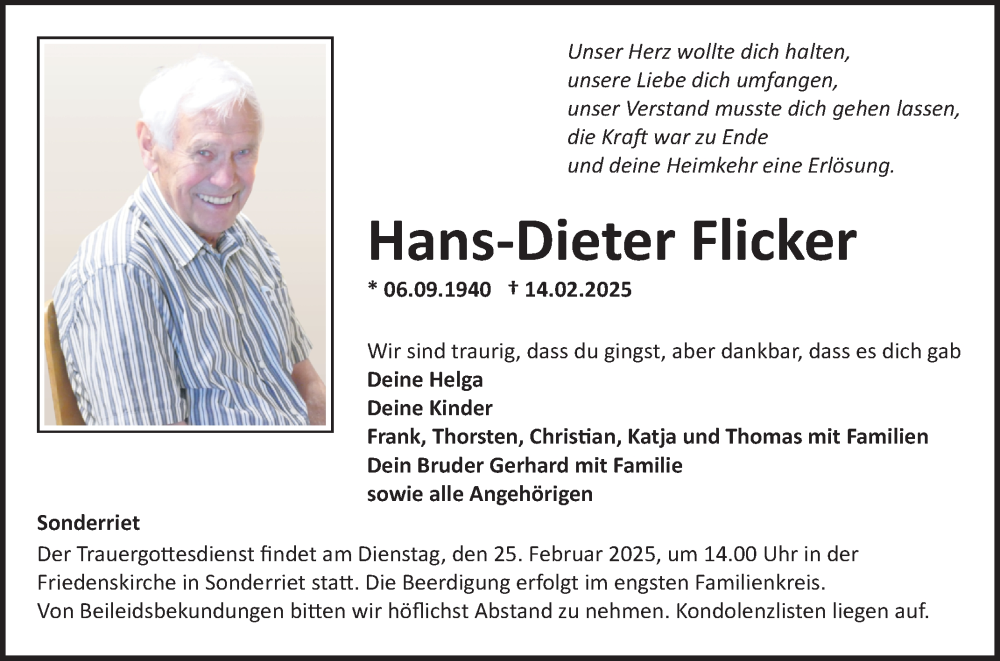  Traueranzeige für Hans-Dieter Flicker vom 19.02.2025 aus Fränkische Nachrichten