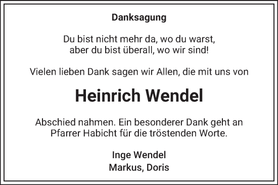 Traueranzeige von Heinrich Wendel von Schwetzinger Zeitung