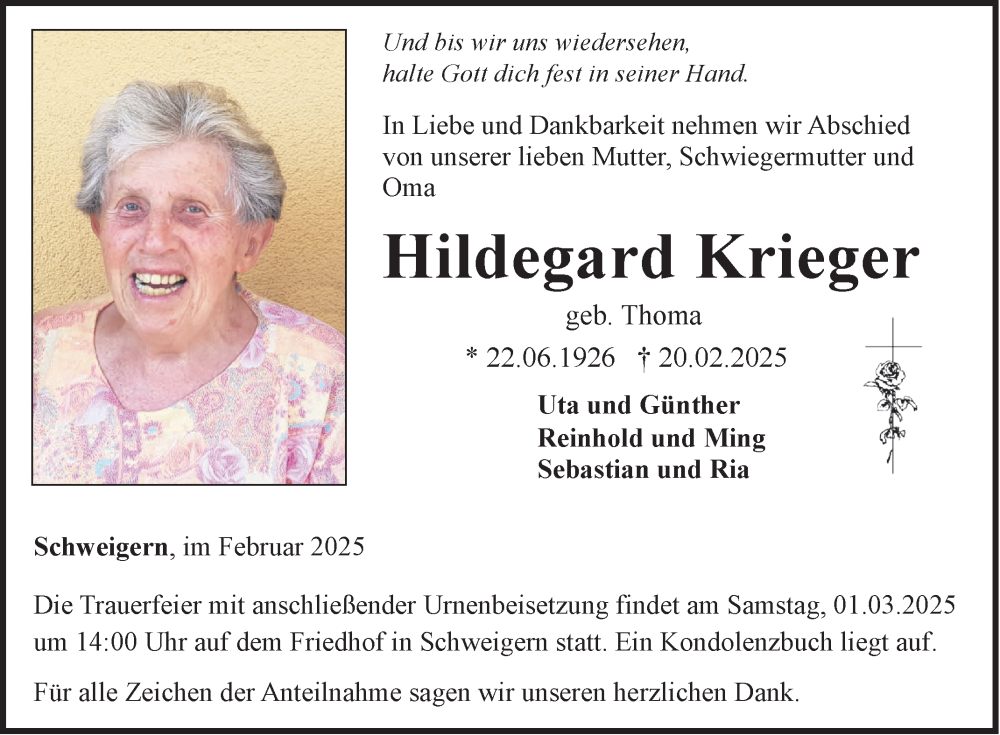  Traueranzeige für Hildegard Krieger vom 27.02.2025 aus Fränkische Nachrichten