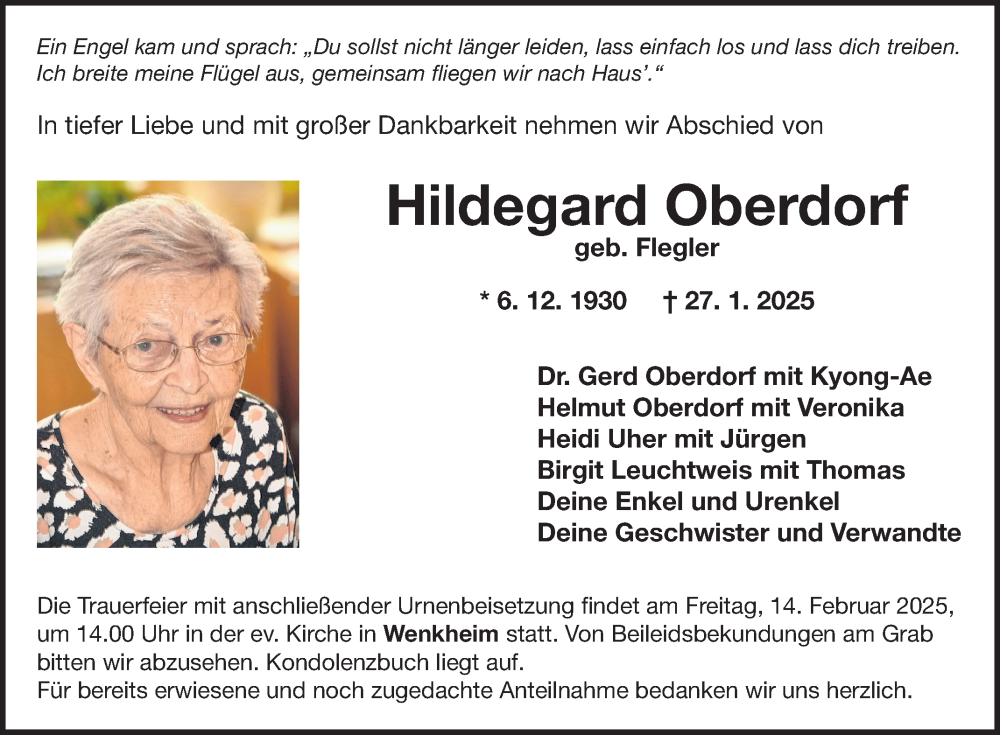  Traueranzeige für Hildegard Oberdorf vom 08.02.2025 aus Fränkische Nachrichten