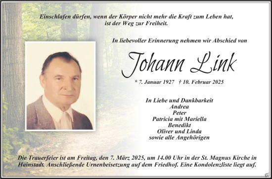 Traueranzeige von Johann Link von Fränkische Nachrichten