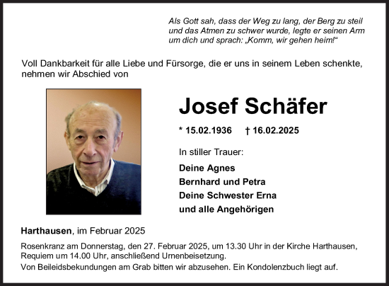 Traueranzeige von Josef Schäfer von Fränkische Nachrichten