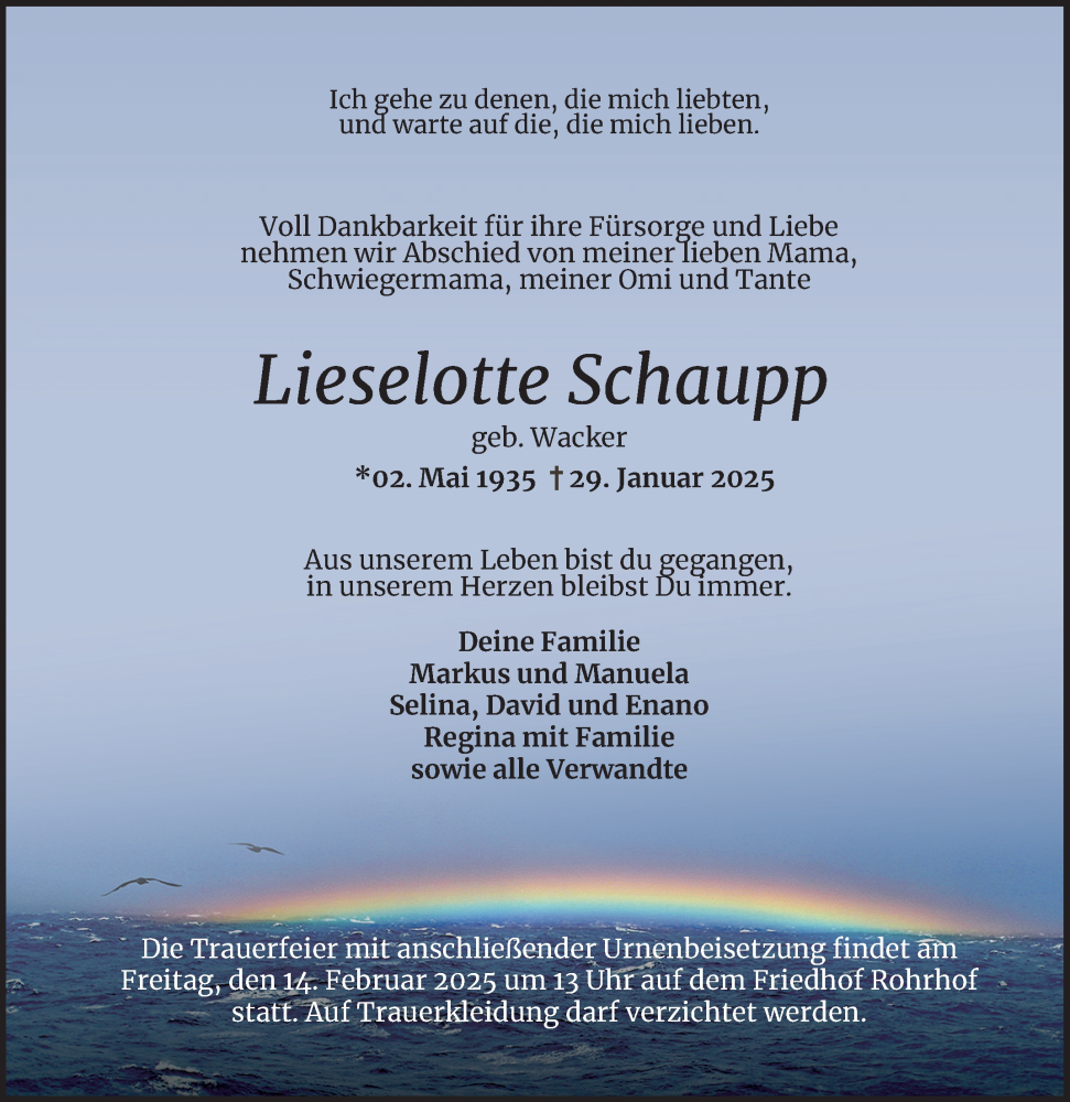  Traueranzeige für Lieselotte Schaupp vom 08.02.2025 aus Schwetzinger Zeitung
