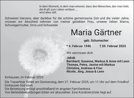 Traueranzeige von Maria Gärtner von Bergsträßer Anzeiger