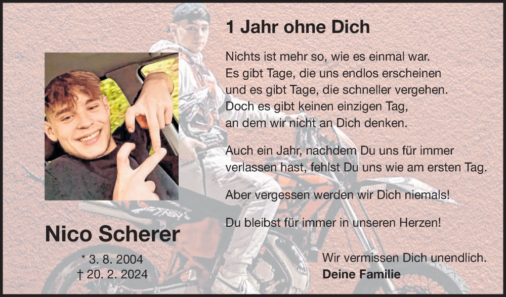  Traueranzeige für Nico Scherer vom 20.02.2025 aus Fränkische Nachrichten