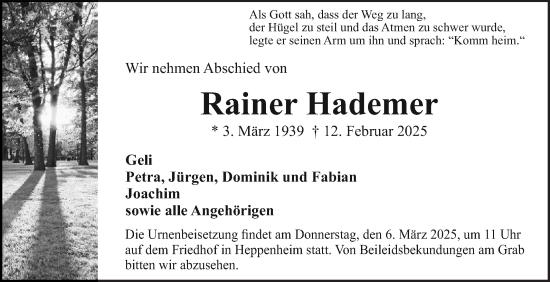 Traueranzeige von Rainer Hademer von Bergsträßer Anzeiger