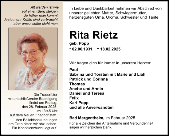 Traueranzeige von Rita Rietz von Fränkische Nachrichten