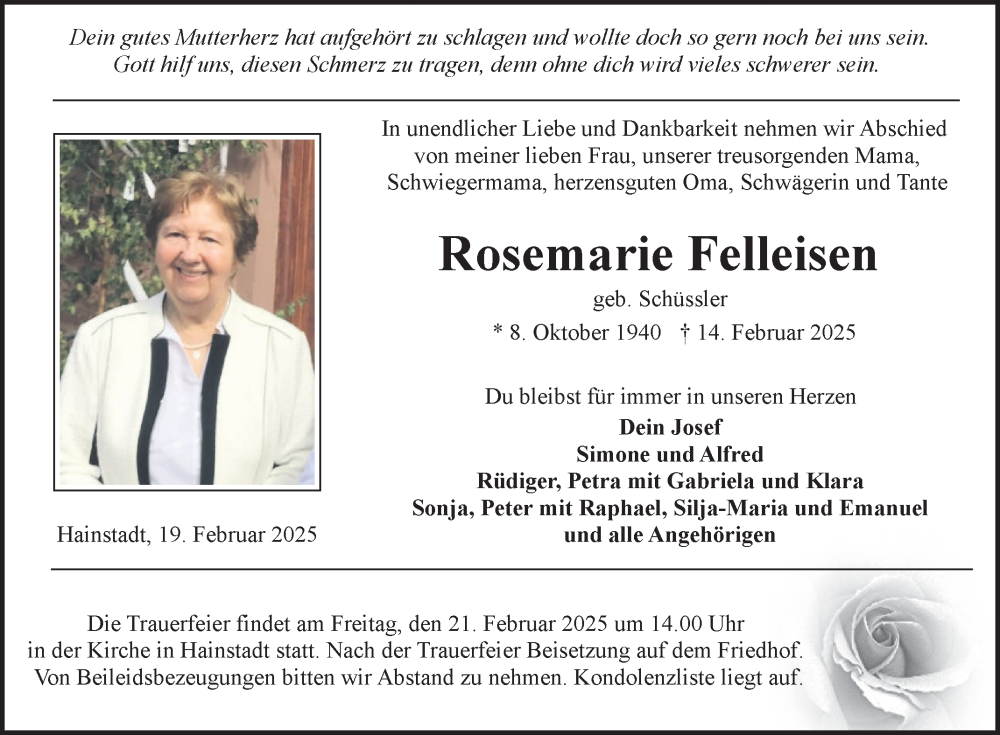  Traueranzeige für Rosemarie Felleisen vom 19.02.2025 aus Fränkische Nachrichten