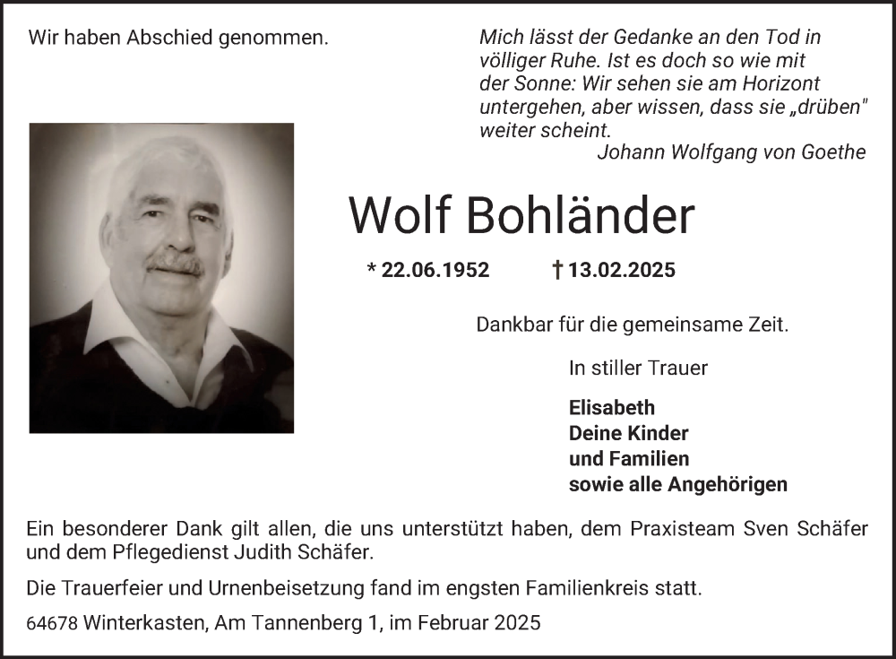  Traueranzeige für Wolf Bohländer vom 01.03.2025 aus Bergsträßer Anzeiger